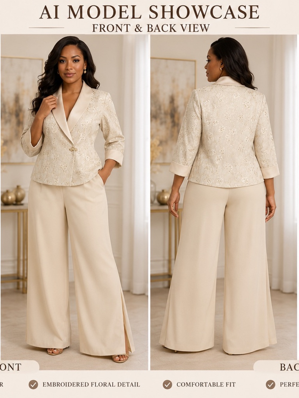 R&M Richards Petite 12P Ivory Embroidered Pant Suit 2 Pc Formal Church Mother